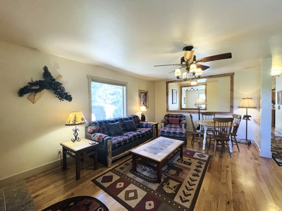 Bear House main living room with fireplace