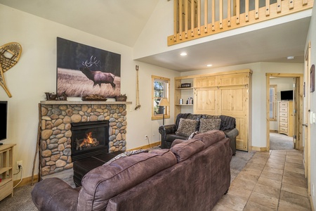 Living room with love seat that seats 2, fireplace, and sleeper sofa that seats 3, and murphy bed with bookshelves. Guests may use either the sleeper sofa or the murphy bed.