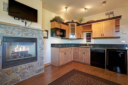 Efficiency kitchen with stove top (no oven), microwave, and compact refrigerator, open to living/dining area. 