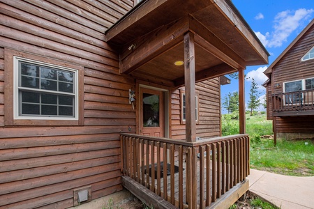 Exterior view of front door and porch.