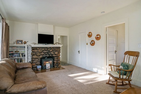 O'Deer Cabin Estes Park, Fireplace, flat screen TV and a bookshelf.