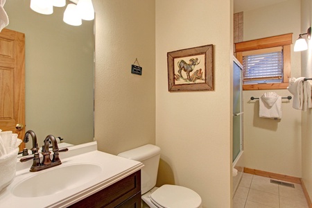 Full bathroom on main level, adjacent to the bedroom and the main living/dining area.