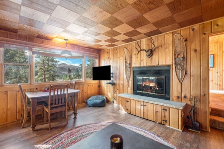 Chasm Cabin Estes Park, Living area with checkered ceilings featuring a flat screen TV. - FIREPLACE not for Guest use