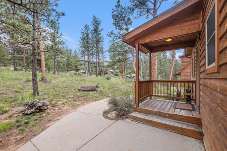 Exterior of front door with small porch.