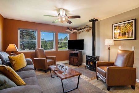 Cozy living room with brown and beige furniture, wood-burning stove, wall art, and a landscape view through large windows. A ceiling fan with lights is above.