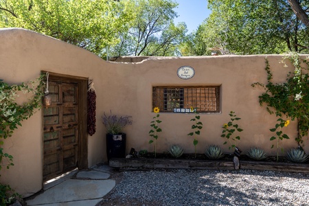 An adobe house with a door and plants.