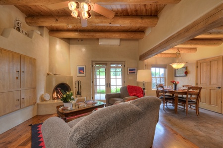 A living room with a fireplace.