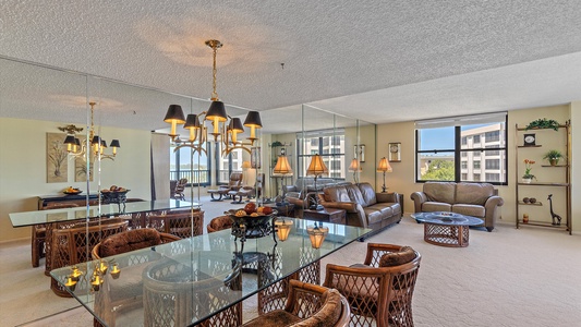 Living room with mirrored walls, glass dining table, wicker chairs, beige carpet, leather sofa, floor-to-ceiling windows, and pendant lighting. Shelves with plants and decor are near the windows.