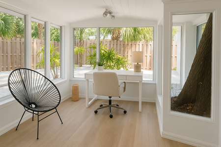 Office and desk with view perfect for business trips, remote work, laptop space.
