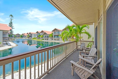 Private balcony with patio seating that overlooks the lake, perfect for a morning coffee or watching the sunset