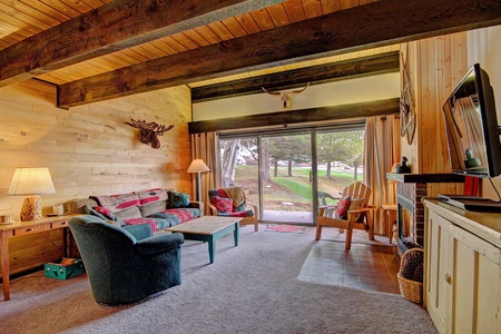 A cozy living room with wooden walls and ceiling beams, a couch, chairs, coffee table, TV, fireplace, and sliding glass doors leading to an outdoor view.