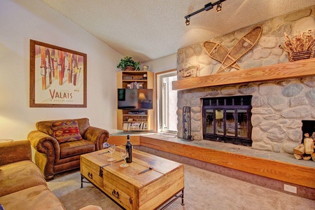 Beautiful stone fireplace. Sit and relax by a real fire!