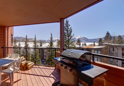 Beautiful views from private, covered balcony. Views of Lake Dillon and mountains. Patio features seating and a grill.