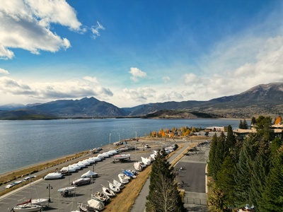 Beautiful aerial view of Lake Dillon and Summit County mountains.