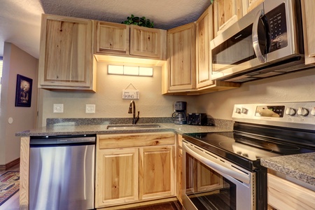 Nicely updated kitchen features stainless steel appliances.