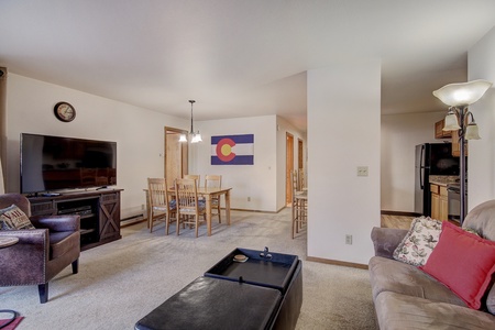 A living room with a TV, armchair, couch, and a dining area featuring a table with chairs. A Colorado state flag hangs on the wall. The kitchen can be seen in the background.