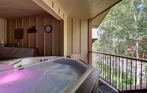 A covered deck with a hot tub, clock on the wall, and wooden chairs overlooks a wooded outdoor area.