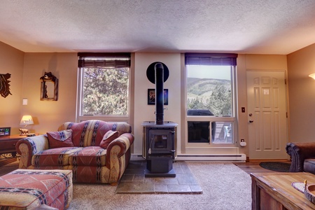 Living area featuring pellet burning fireplace