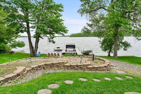 View of dock and boat from house