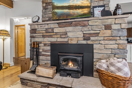 Wood-burning fireplace in living room