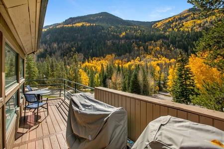 A balcony overlooking a forested mountain range in autumn. Two covered outdoor chairs and a small round table are on the wooden deck. The trees display green and golden-yellow foliage.