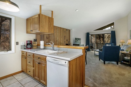 A small kitchen with wooden cabinets, a white countertop, a sink, dishwasher, and coffee maker leads into a carpeted living room with large windows, blue chairs, and a mounted TV.