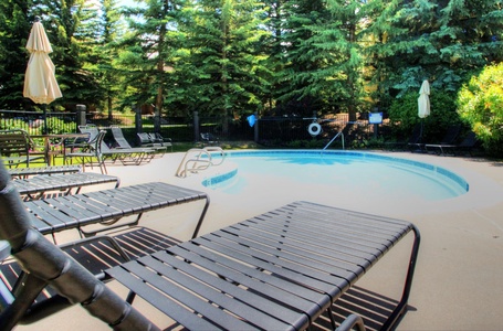 Outdoor swimming pool area with lounge chairs, umbrellas, and surrounding tall evergreen trees.