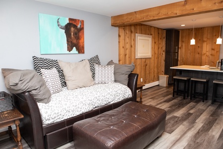 A cozy living space with a daybed, patterned pillows, a leather ottoman, wooden paneling, and a small kitchen area with a counter and bar stools. A painting of a bison decorates the wall.