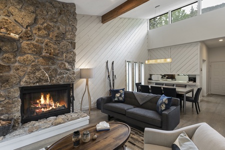 Living room with a stone fireplace