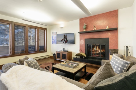 Modern living room with a large TV, a fireplace, a gray sectional sofa, and a coffee table. Decor includes pillows, a throw blanket, shelves, a framed picture, and large windows with blinds.