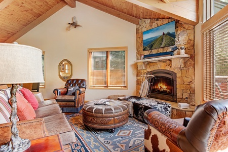 A cozy living room with a stone fireplace, mounted TV, and leather furniture. A patterned rug covers the floor, and sunlight streams through wooden blinds on the windows.