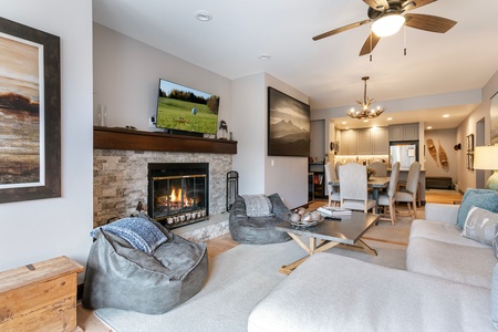 A cozy living room with a fireplace, TV, bean bags, sofa, and large artwork on the walls. The room extends to an adjoining dining area and modern kitchen with stainless steel appliances.