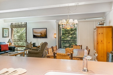 A cozy living and dining area with wooden furniture, a TV mounted on the wall, a chandelier above the dining table, and large windows revealing a forest view. A kitchen counter is in the foreground.