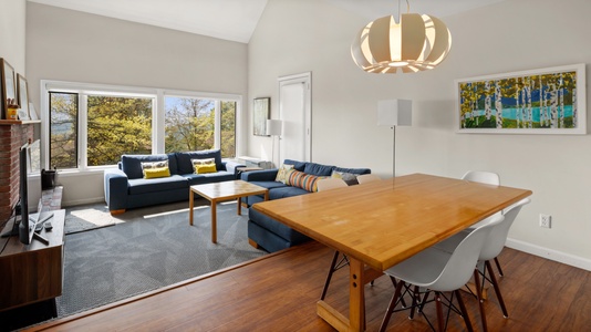 A modern living and dining area with blue sofas, a wooden coffee table, a flat-screen TV, a wooden dining table with white chairs, large windows, and a contemporary hanging light fixture.