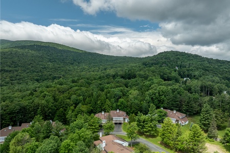 - Aerial view of forest and mountain neighborhood   - Peaceful location surrounded by lush greenery   - Perfect setting for nature filled mountain stay