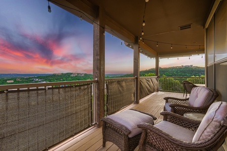 Enjoy spectacular sunset views of the Texas hill country and Lake Travis from the balcony