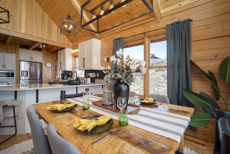 A cozy dining area in a modern wooden cabin