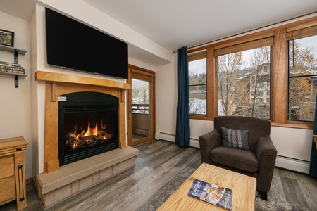 Gas fireplace and smart TV in living room