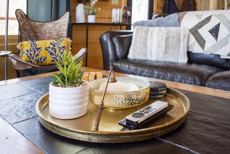 A living room scene with a coffee table featuring a potted plant, gold bowl, remote control, and coasters on a gold tray. In the background are a leather sofa with cushions and a chair.