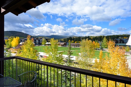 Outdoor seating and the view is the stage at Rendezvous Event Center