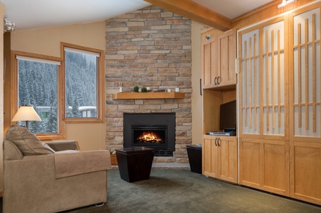 A cozy living room with a stone fireplace, comfortable sofa, wooden coffee table, large windows showing a snowy landscape, and built-in wooden cabinets.