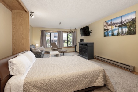 The spacious living area has a Queen sized murphy bed