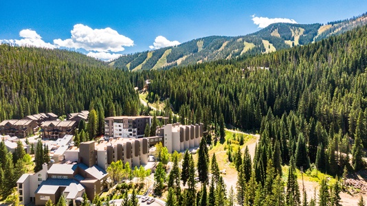 Aerial view of a mountain resort with multiple buildings nestled in a forested valley, surrounded by green pine trees and mountainous terrain under a clear blue sky.