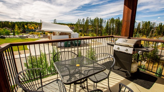 Outdoor seating and the view is the stage at Rendezvous Event Center