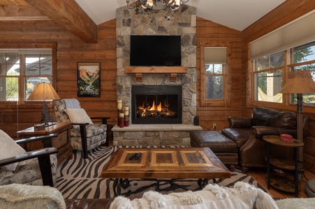 You'll have beautiful, rustic interiors with cozy gas fireplace