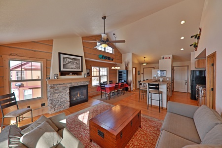 Spacious Living room with sliding glass doors to a deck