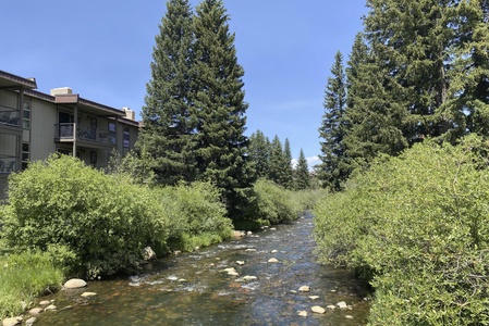 A clear stream flows through a green, forested area the balcony gives you a wonderful view.