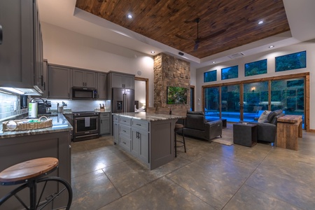 Cohutta Mountain Retreat- Entryway view of the kitchen and living space