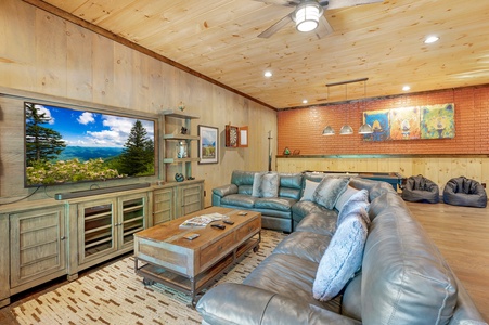 Mountain Echoes- Lower level seating area with a TV entertainment center