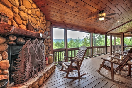 Bearing Haus-screened in porch with a wood burning fireplace